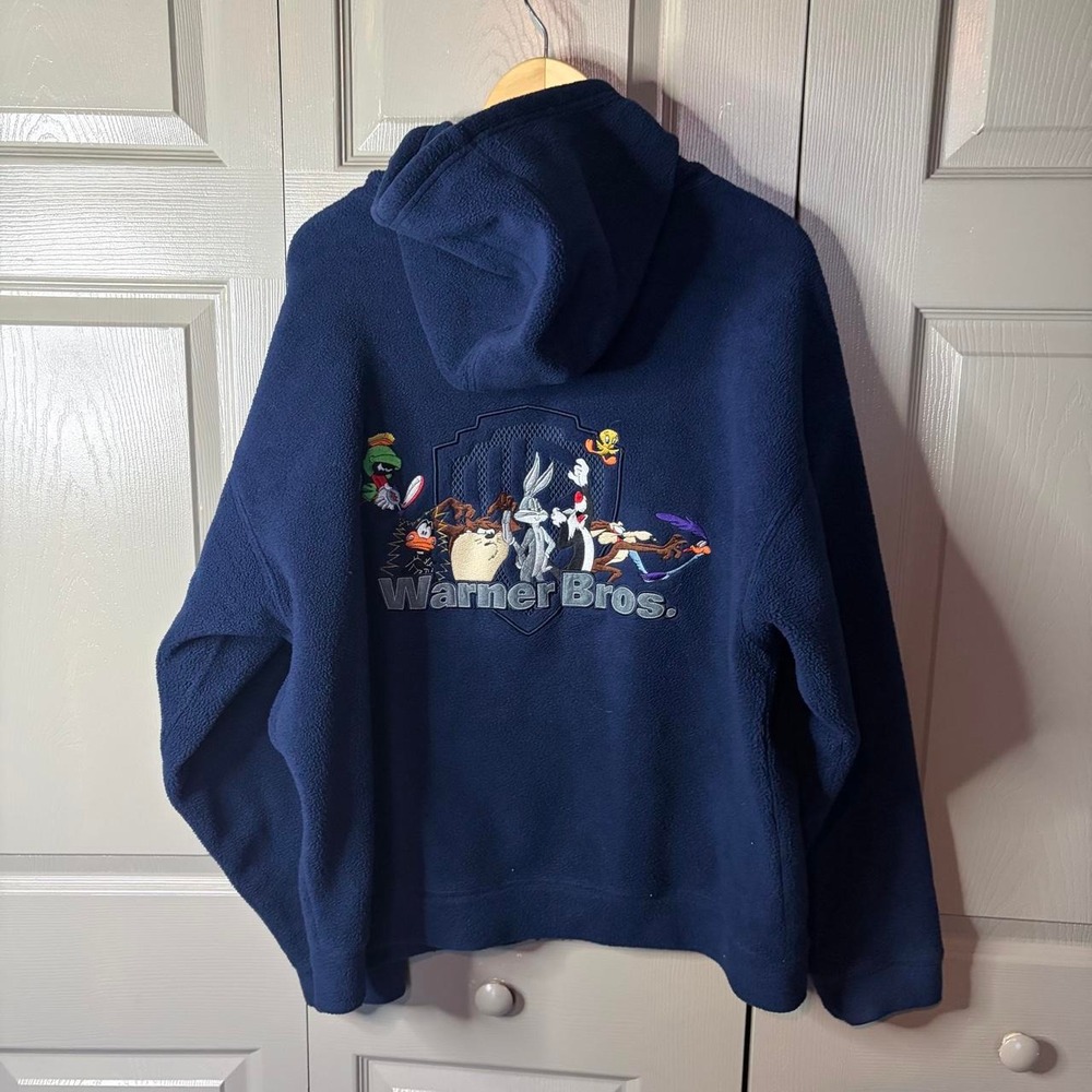Vintage Looney Tunes Warner Bros Navy Blue Fleece Zip Up Hoodie Mens XL Graphic